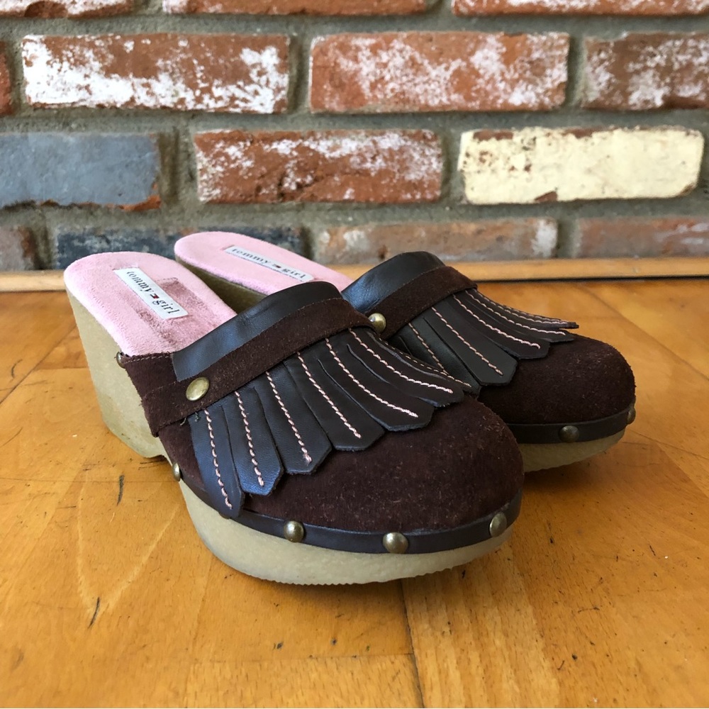 Y2K Tommy Girl Leather Fringe Western Streetwear Mule Clogs